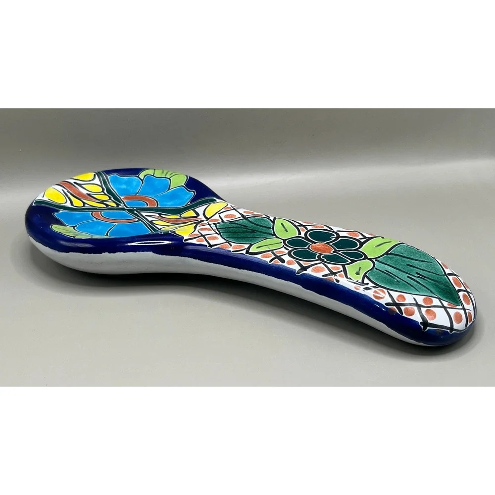 Talavera Pottery Spoon Rest Hand Painted Floral Mexican Folk Art Blue 10